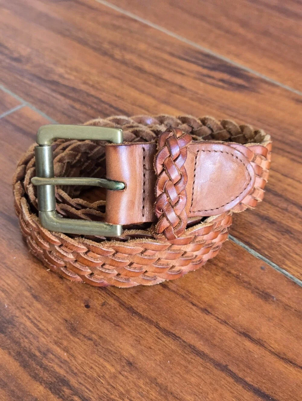 J. Crew Men's Woven Braided Leather Belt w/Brass Buckle - Chestnut Brown Size M